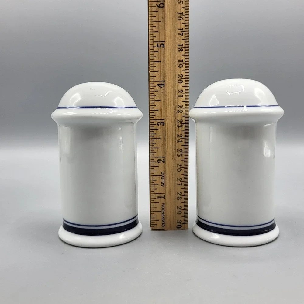 Vintage Dansk Salt and Pepper Shakers Navy Blue Banded White Porcelain Portugal